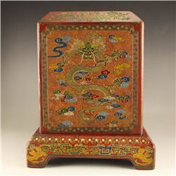 Chinese Hard Wood Lacquerware Lucky Dragons Seal Box