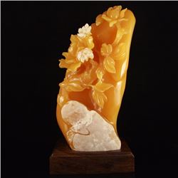 Indonesia Natural Jin Tian Huang Statue - Magpie & Peony