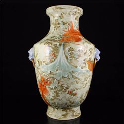 Chinese Qing Dynasty Gilt Gold Iron Red Glaze + Ink Glaze Porcelain Double Ring Vase w Double Dragon