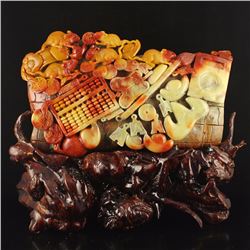 Superb Chinese Shoushan Stone Statue - Fortune Mice & Abacus w Certificate