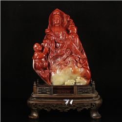 Chinese Natural Shoushan Stone Statue - Kwan-yin & Fortune Kids Free Certificate