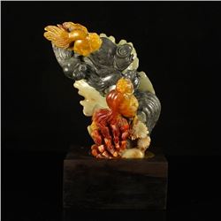 Chinese Natural Shoushan Stone Goldfish Statue Free Certificate
