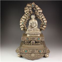 19th C Chinese Tibetan Silver Inlay Gemstone Sakyamuni Buddha Statue