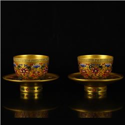 A Pair Chinese Qing Dynasty Gilt Gold Famille Rose Porcelain Teacups w Qian Long Mark
