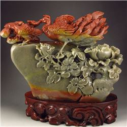 Superb Chinese Shoushan Stone Statue - Peacock & Peony W Certificate