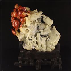 Chinese Natural Shoushan Stone Statue - Crane & Pomegranates w Certificate