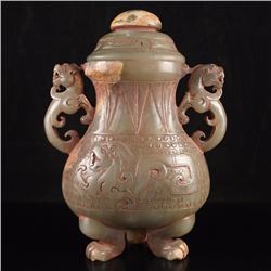 Vintage Chinese Hetian Jade Low Relief Double Ears Vase