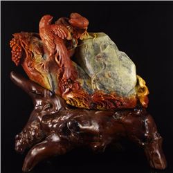Superb Chinese Shoushan Stone Statue w Magpies