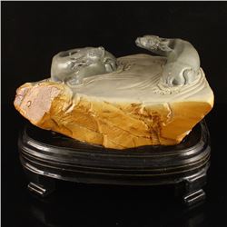 Chinese Shoushan Stone Two Water Buffalo Statue w Certificate