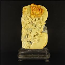 Chinese Shoushan Stone Statue - Magpie & Peony w Certificate
