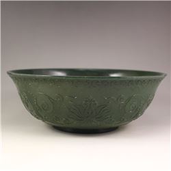 Chinese Qing Dynasty Green Hetian Jade Low Relief Bowl