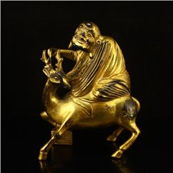 Chinese Tibet Gilt Gold Bronze Buddhist Riding Deer Arhat Statue