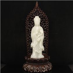 Chinese Qing Dynasty Hetian Jade Kwan-yin Statue w Zitian Wood Stand