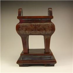 Chinese Ming Dynasty Red Copper Inlay Silver Wire Incense Burner