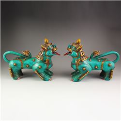 A Pair Chinese Tibet Bronze Gilt Gold Inlay Turquoise Statue - Fortune Beast
