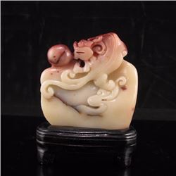Superb Chinese Shoushan Stone Statue w Dragon & Ball
