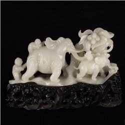 Chinese Natural White Hetian Jade Statue - Elephants & Kids
