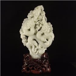 Superb Openwork Chinese White Hetian Jade Double Dragons & Ball Statue