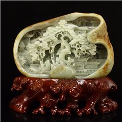 Superb Chinese Hetian Jade Statue - Sage & Pine Tree