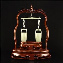 Chinese Qing Dynasty Hetian Jade Buckets w Zitan Wood Stand