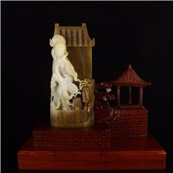 Chinese Qing Dynasty Hetian Jade Beautiful Women Statue w Zitan Wood Stand