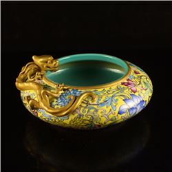 Chinese Gilt Gold Yellow Ground Famille Rose Relief Porcelain Chi Dragon Brush Washer w Qian Long Ma
