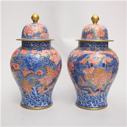 A Pair Chinese Qing Dynasty Iron Red Glaze + Blue And White Porcelain Big Pot
