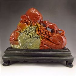 7 kg Chinese Shoushan Stone Statue - Squirrel & Grapes W Certificate
