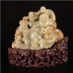 Chinese Qing Dynasty Hetian Jade Statue - Laughing Buddha & Kid