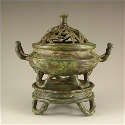 Vintage Chinese Bronze Double Ears 3 Legs Incense Burner