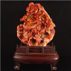 Chinese Shoushan Stone Statue - Magpie & Peony W Certificate