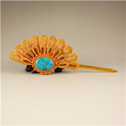 Chinese Gilt Gold Sterling Silver Inlay Turquoise Hairpin