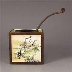 Chinese Red Copper Enamel Square Ink Tank w Cricket