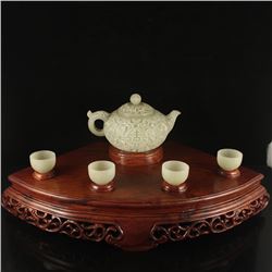 A Set Chinese Qing Dynasty Hetian Jade Low Relief Teapot & Cups