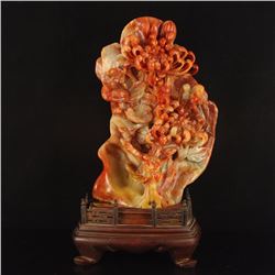 Chinese Shoushan Stone Statue - Magpie & Chrysanthemum w Certificate