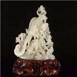 Openwork Chinese White Hetian Jade Statue - Parrot