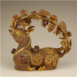 Chinese Gilt Gold Sterling Silver Inlay Gemstone Fortune Sheep Statue