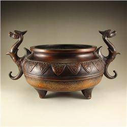 Chinese Ming Dynasty Red Copper Inlay Silver Wire Double Dragon Incense Burner