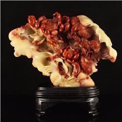 Chinese Shoushan Stone Statue - Birds & Lotus w Certificate