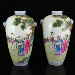A Pair Superb Hand-painted Chinese Famille Rose Porcelain Vases w Qianlong Mark