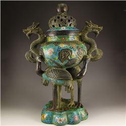 Chinese Bronze Cloisonne Double Dragons Incense Burner