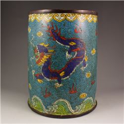 Vintage Chinese Bronze Cloisonne Brush Pot w Lucky Dragon