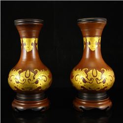 A Pair Chinese Ming Dynasty Red Copper Gilt Gold Vase