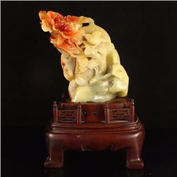 Chinese Shoushan Stone Statue - Magpie & Peony w Certificate
