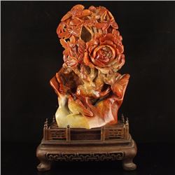 Chinese Natural Shoushan Stone Statue - Magpie & Peony Free Certificate