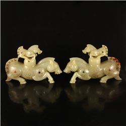 A Pair Vintage Chinese Hetian Jade Inlay Silver Wire & Gem Double Horses Statue