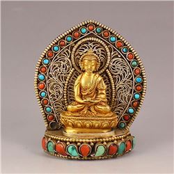 Chinese Tibet Brass Inlay Turquoise Coral Buddha Statue