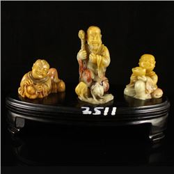 Chinese Shoushan Stone Statue - Old Man & Fortune Kids w Certificate