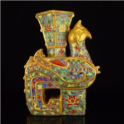 Chinese Qing Dynasty Gilt Gold Enamels Porcelain Phoenix Vase w Qianlong Mark