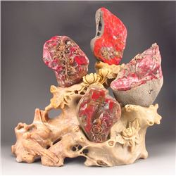 A Set 4 Pieces Chinese Natural Chicken Blood Stone Statue Carved Lucky Flower